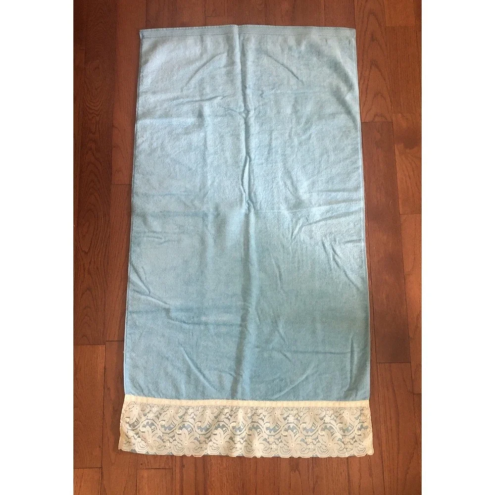 Vintage Bath Towel Fieldcrest Lustre Blue Cotton Lace Ruffle Trim USA 24x44